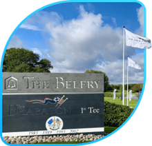 The Belfry Golf Club sign and PGA FLAg in a blue border